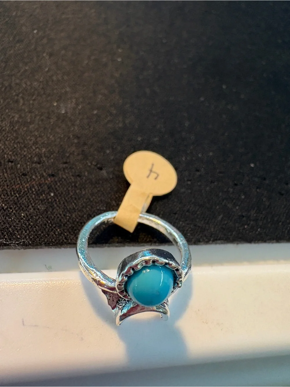 Silver Tone Ring with Turquoise Blue Cabochon Size 4